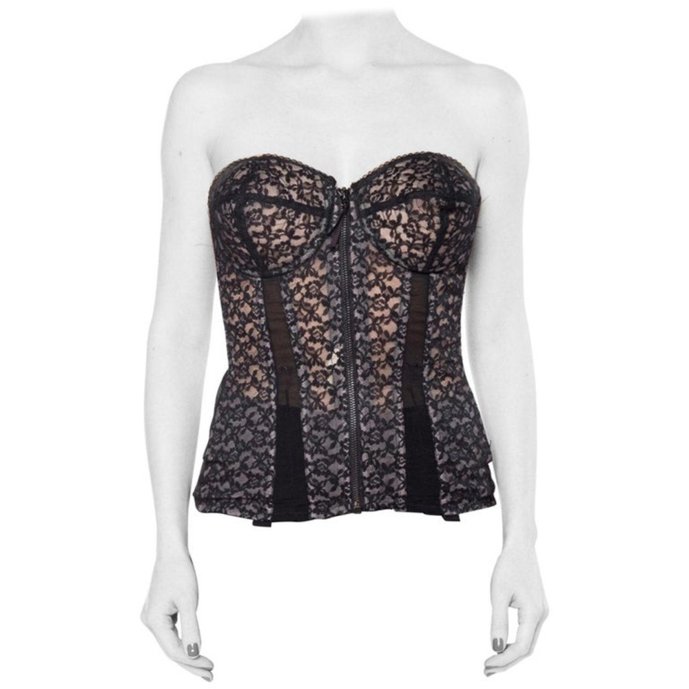1950s Vintage Black Lace Zip Front Bustier Corset Shapewear Lingerie